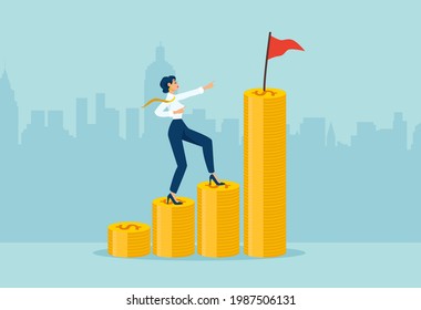 Vector of a businesswoman climbing up coin stacks aiming to achieve financial goal with a flag on the top.