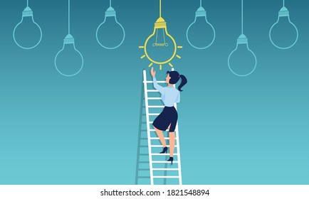 Vector of a businesswoman climbing up a ladder to reach bright idea light bulb on top