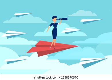 Vector of a businesswoman flying on a paper plane while looking through a telescope isolated on blue sky background