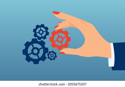 Vector of a businesswoman hand adding a red gear to solve a problem offer solution 