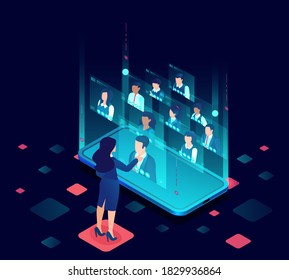 Vector of a businesswoman having a conference online call with her business team using modern technology 