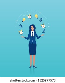 Vector of a businesswoman juggling business icons. Concept of multitasking and time management in business 