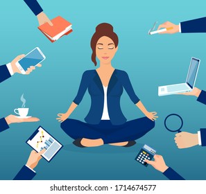 Vector of a businesswoman meditating to relieve stress of a busy office life