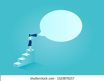 Vector of a businesswoman with megaphone on steps making an announcement 