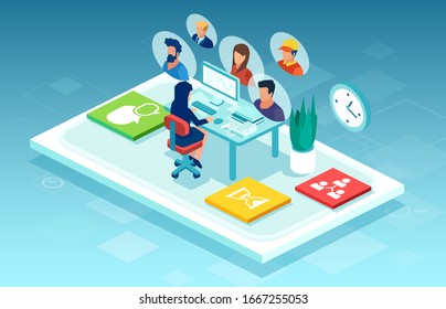 Vector of a businesswoman sitting at desk working on computer chatting online with team members  - Powered by Shutterstock - Get 15% off with code: PIKWIZARD15