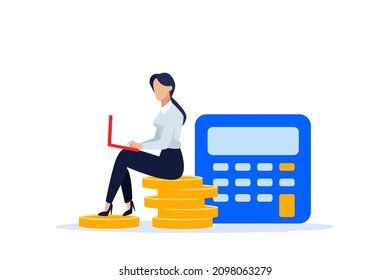 Vector of a businesswoman sitting on a pile of gold coins working on laptop computer 