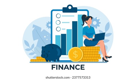 Vector of a businesswoman sitting on a pile of gold dollar coins reading financial statements 