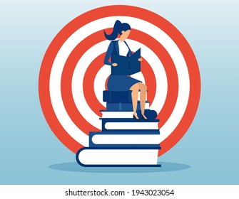 Vector of a businesswoman sitting on a stack of books on a target background 