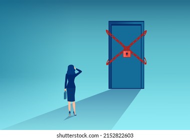 Vector of a businesswoman standing in front of a locked door 