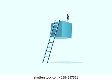 Vector of a businesswoman standing on the top of suspended cube looking into the future 