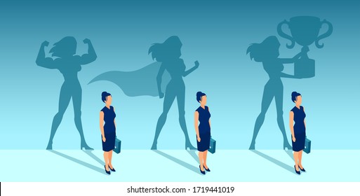 Vector of a businesswoman with strong winner super hero shadows of her self