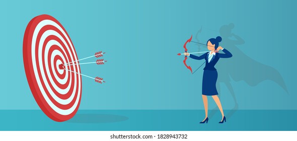 Vector of a businesswoman with super hero shadow and archer aiming at target and shooting with arrow