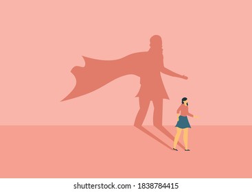 Vector of a businesswoman with superhero shadow. Symbol of ambition motivation leadership and challenge.