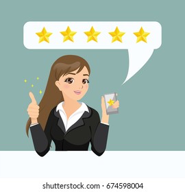 Vetor de empresária usando aplicativo móvel para dar classificação de cinco estrelas