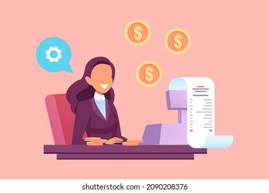 Vector of a businesswoman working on computer calculating profits 