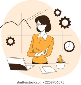Vector of a businesswoman working at the table using a computer for networking. Behind her are analytical graphs and clock. Human character on orange background