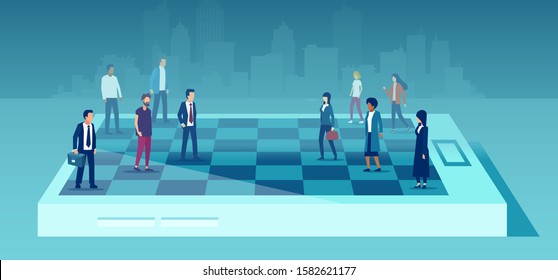 Vector of a businesswomen team competing in corporate career, chess game against a group of businessmen 