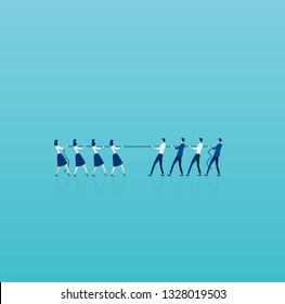 Vector of businesswomen in tug of war with a group of businessmen. Men vs women superiority concept