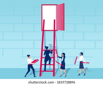 Vector of businesswomen working as a team to build a ladder to success 