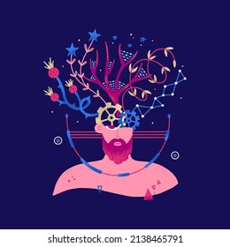 Vector bust of a man. An illustration of the inner self, subconsciousness, imagination, individuality. Introvert. Surreal composition. Print on T-shirt, postcard, diary cover