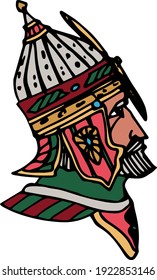 Silueta de busto vectorial del viejo guerrero ruso en casco de historia tradicional y armadura corporal. Bordes negros lineales dibujados a mano, relleno de color. Ilustración de libros, diseños, impresiones, pegatinas medievales