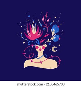 Vector bust of a woman. An illustration of the inner self, subconsciousness, imagination, individuality. Introvert. Surreal composition. Print on T-shirt, postcard, diary cover