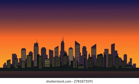 Vector of a bustling city skyline. Glowing windows on dark skyscraper silhouettes. Vibrant sunset gradient from purple to orange. Tall towers piercing the twilight sky. A calm body of water below. Panoramic view of a metropolitan city at dusk. Skyscrapers standing against an amber sky. Orange and violet hues filling the horizon. Scattered yellow lights illuminating building windows.
