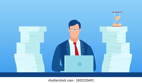 Vector of a busy businessman working at his desk pressured by deadline 