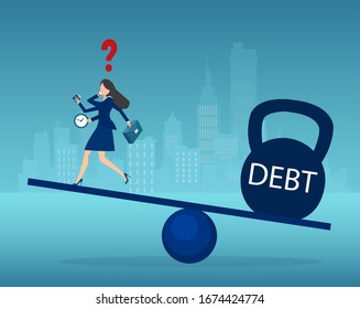 Vector of a busy businesswoman balancing with heavy debt financial burden 