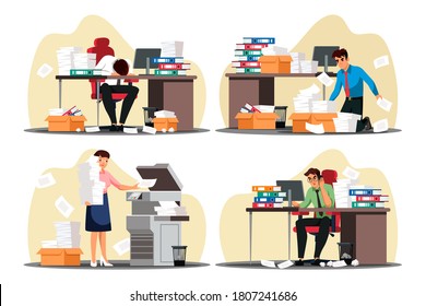 Vector Busy Overworked Man Woman Office Employee Scene Set. Man Woman Working At Computer, Sleeping At Table, Sorting Paper Stack, Photocopying Document. Overload Stressful Work Day. Time Management