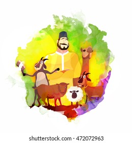 Vector Butcher with Animals on colorful splash, Creative illustration for Muslim Community, Festival of Sacrifice, Eid-Al-Adha Mubarak.