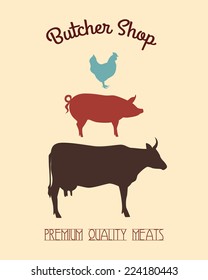 Vector butcher shop banner with cow, pig and chicken silhouettes made in retro style.