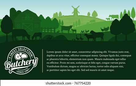 Vector butcher shop illustration with rural landscape and farm animals