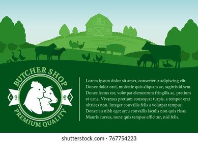 Vector butcher shop illustration with rural landscape and farm animals