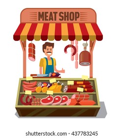 Vector Butcher Shop With Man On White Background