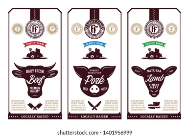 Vector butcher's shop logo. Fresh beef, pork, lamb modern style labels. Farm animals icons.