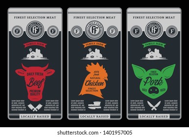 Vector butcher's shop logo. Fresh beef, pork, lamb modern style labels. Farm animals icons.