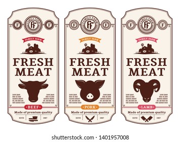 Vector butcher's shop logo. Fresh beef, pork, lamb modern style labels. Farm animals icons.