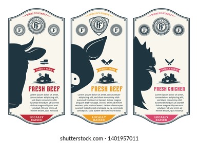 Vector butcher's shop logo. Fresh beef, pork, chicken modern style labels. Farm animals icons.