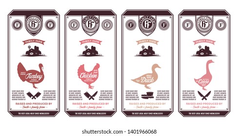 Vector butcher's shop logo. Fresh chicken, duck, turkey and goose modern style labels. Farm animals icons.