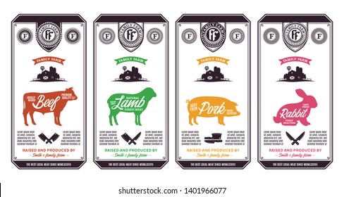 Vector butcher's shop logo. Fresh beef, pork, lamb and rabbit modern style labels. Farm animals icons.