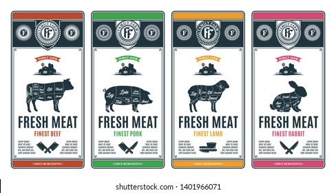 Vector butcher's shop modern style labels. American (US) cuts of beef, pork, lamb and rabbit diagrams.