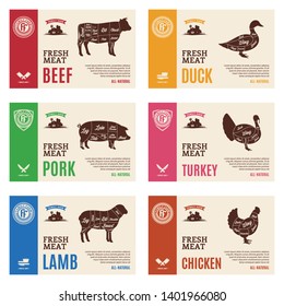 Vector butcher's shop modern style labels. American (US) cuts of beef, pork, lamb, chicken, duck and turkey diagrams.