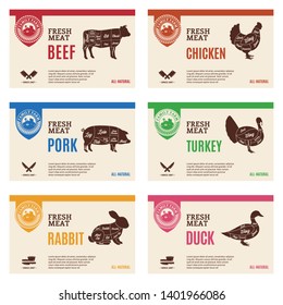 Vector butcher's shop modern style labels. American (US) cuts of beef, pork, rabbit, chicken, duck and turkey diagrams.