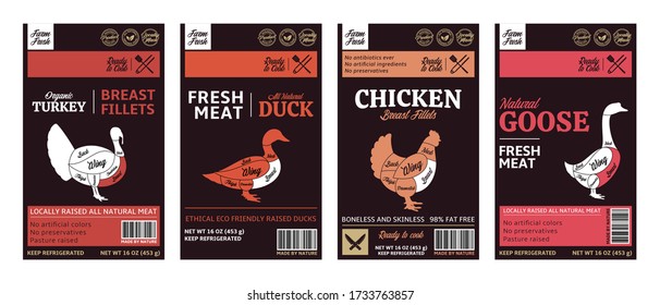 Vector butcher's shop poultry modern style labels. American (US) cuts of chicken, duck, turkey and goose diagrams