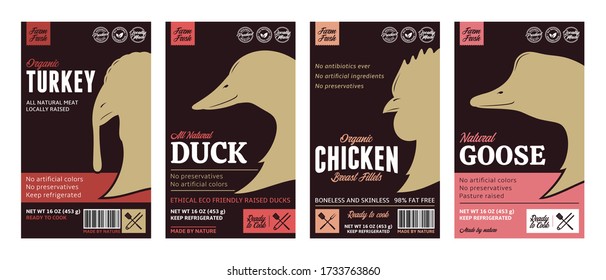 Vector butcher's shop poultry modern style labels. Chicken, duck, turkey and goose icons