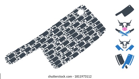 El collage de cuchillas de carnicería vectorial se forma a partir de iconos dispersos de cuchillas de autocarnicería. Combinación fractal de una cuchilla de carnicería. Hay otros iconos presentes en este vector.