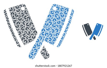 El mosaico de hojas de carnicería vectorial está diseñado con elementos de cuchillas de carnicería recursivas dispersas. Collage recursivo de cuchillas de carnicería.