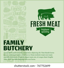 Vector butchery illustration with many meat icons and farm animals