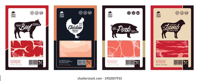 Vector butchery labels with farm animal silhouettes. Cow, chicken, pig and sheep icons and meat textures for groceries, meat stores, packaging and advertising